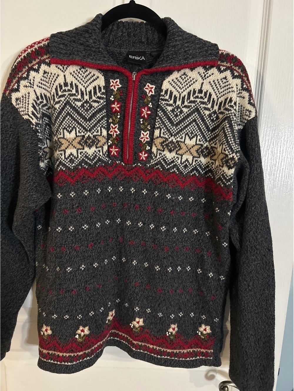 Erika Medium Gray Knit Sweater with Nordic Pattern and Floral Embroidery
